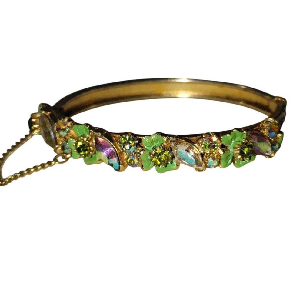 Florenza Bangle Hinge Bracelet Yellow Gold Tone Vintage Green AB Rhinestones